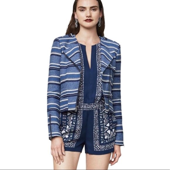 NWT - BCBG MAX AZRIA Novak Striped Blue Tweed Zip Moto Biker Jacket – XXS - Picture 1 of 16